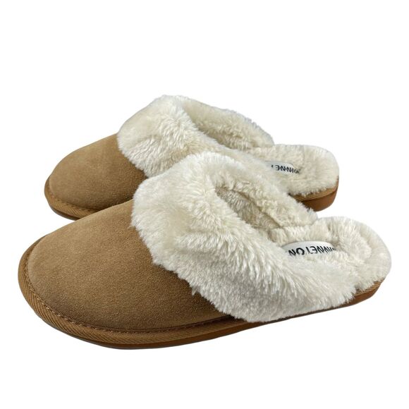 Minnetonka Women’s Mule Slippers 10M Tan Suede Faux Fur Lined Slip-On Comfort - Picture 4 of 11